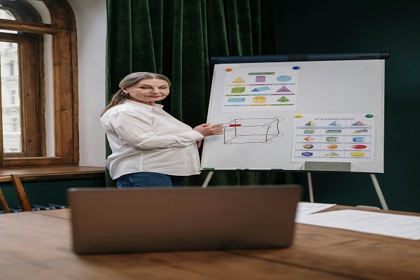 A woman in a white shirt stands next to a flip chart, pointing at diagrams with geometric shapes and a flowchart, illustrating the principles of geometry. She is online session to students in a room with green curtains and a window. A table with papers and a laptop is visible in the foreground