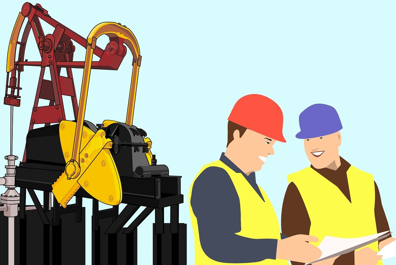 The illustration indicates two petroleum engineers in hard hats and vests standing next to an oil pump at a construction site.