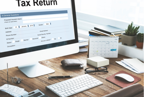 The image depicts the tax return homework and assignment concept