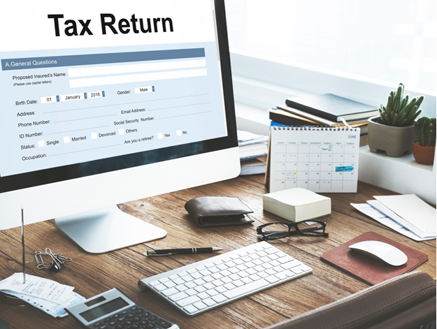 The image depicts the tax return homework and assignment concept