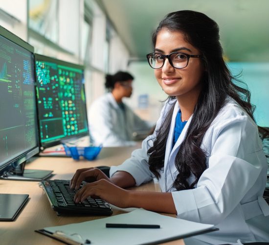 A woman in a lab coat and glasses is sitting at a desk in front of a computer, smiling. She is typing on the keyboard, with multiple monitors displaying bioinformatics data. Another person in a lab coat is working at a computer in the background. A notepad and pen are on the desk.