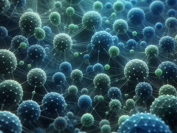 Intricate Digital Rendering of Cellular Biology Networks A digital rendering features a network of interconnected spheres of varying sizes. The spheres are composed of interconnected nodes and lines, creating a complex, web-like structure with a blue and green color scheme, evoking a sense of cellular biology networks.