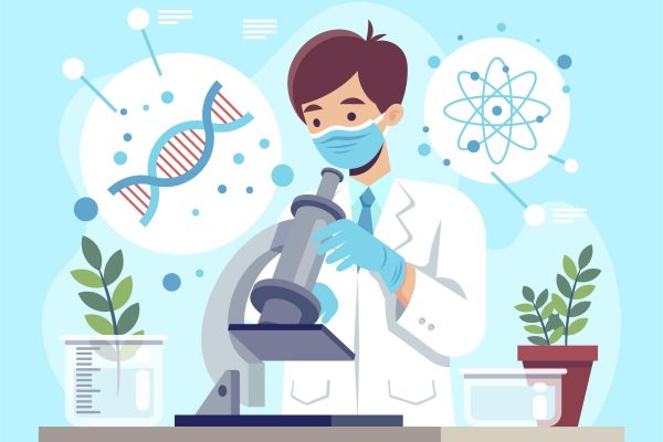 Illustration of a pathologist wearing a lab coat, mask, gloves, examining a slide under a microscope. DNA strand and atomic structure graphics are in the background. Plants, beakers, and lab equipment are on the table. The background is light blue indicates pathology assignment help concept