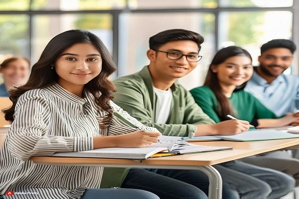 Four students are sitting at desks in a classroom, smiling and looking at the camera. They appear engaged in zoology assignment with notebooks and pens in front of them. The background shows a bright, well-lit room with windows.